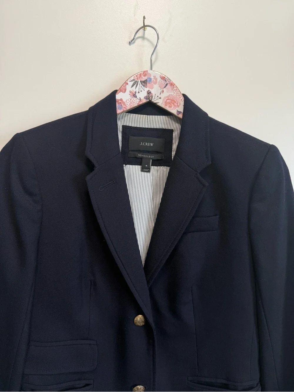 J. CREW Schoolboy Stretch Wool Blazer Size 4 Navy Blue Gold Buttons Lined